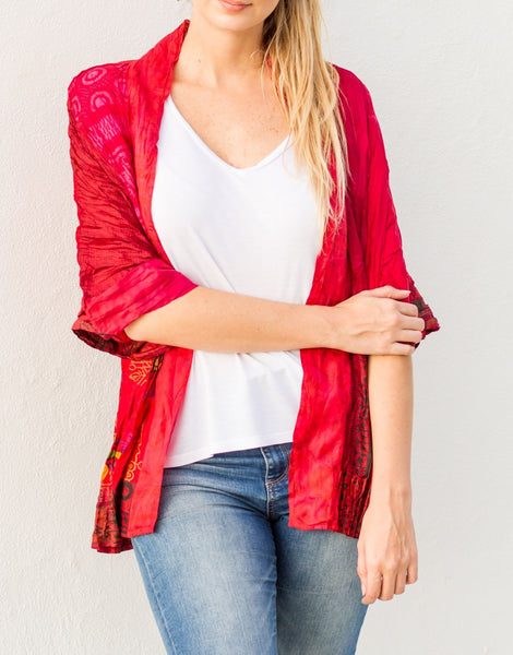 Chili Multi Vintage Silk Crinkled Kimono