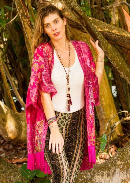 Fuschia & Flowers Vintage Silk Kimono