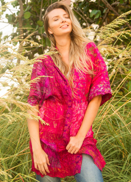 Fuschia Multi Vintage Silk Crinkled Kimono-Long