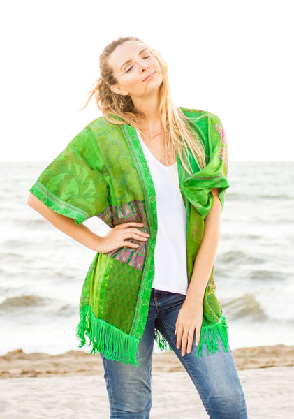 Sea Green Multi Vintage Silk Kimono