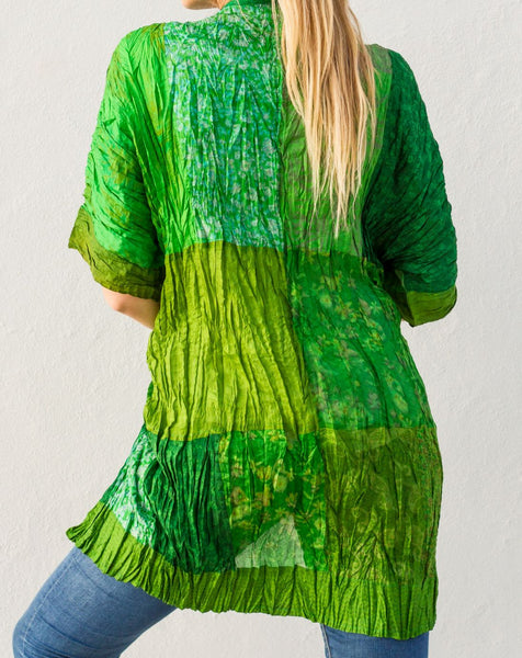 Sea Green Multi Vintage Silk Crinkled Kimono-Long | Greensewn