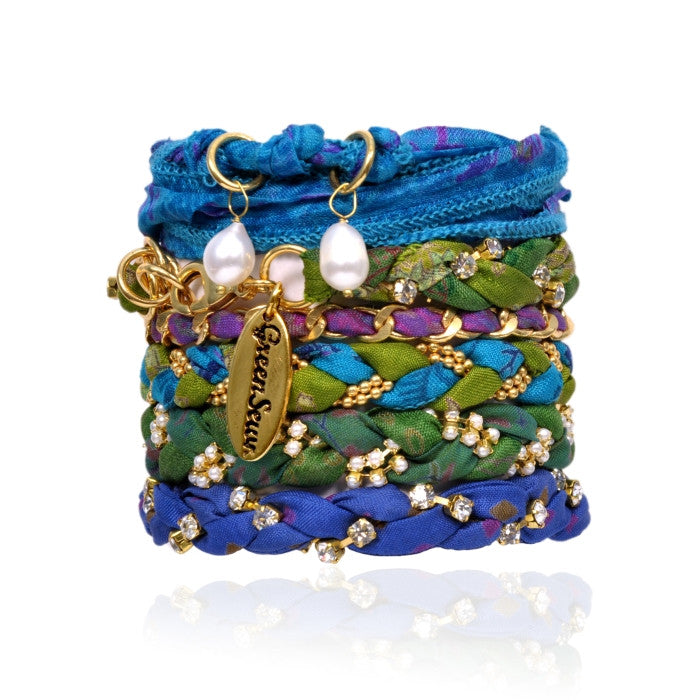 Hawaiian Mix Vintage Sari Six Bracelet Stack