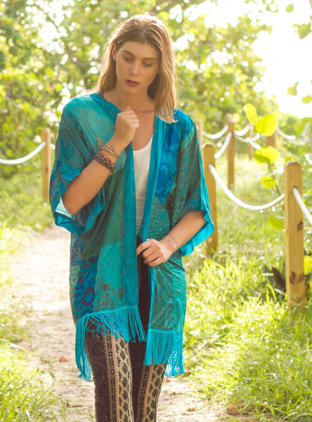Turquoise Multi Vintage Silk Kimono