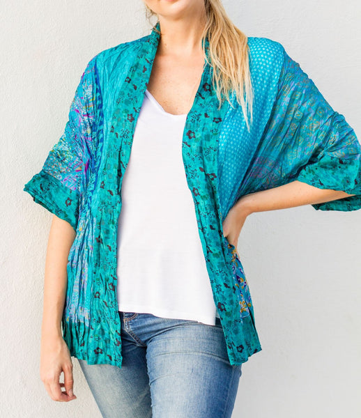 Turquoise Multi Vintage Silk Crinkled Kimono