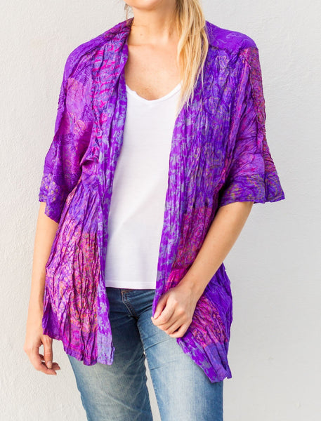 Purple Multi Vintage Silk Crinkled Kimono