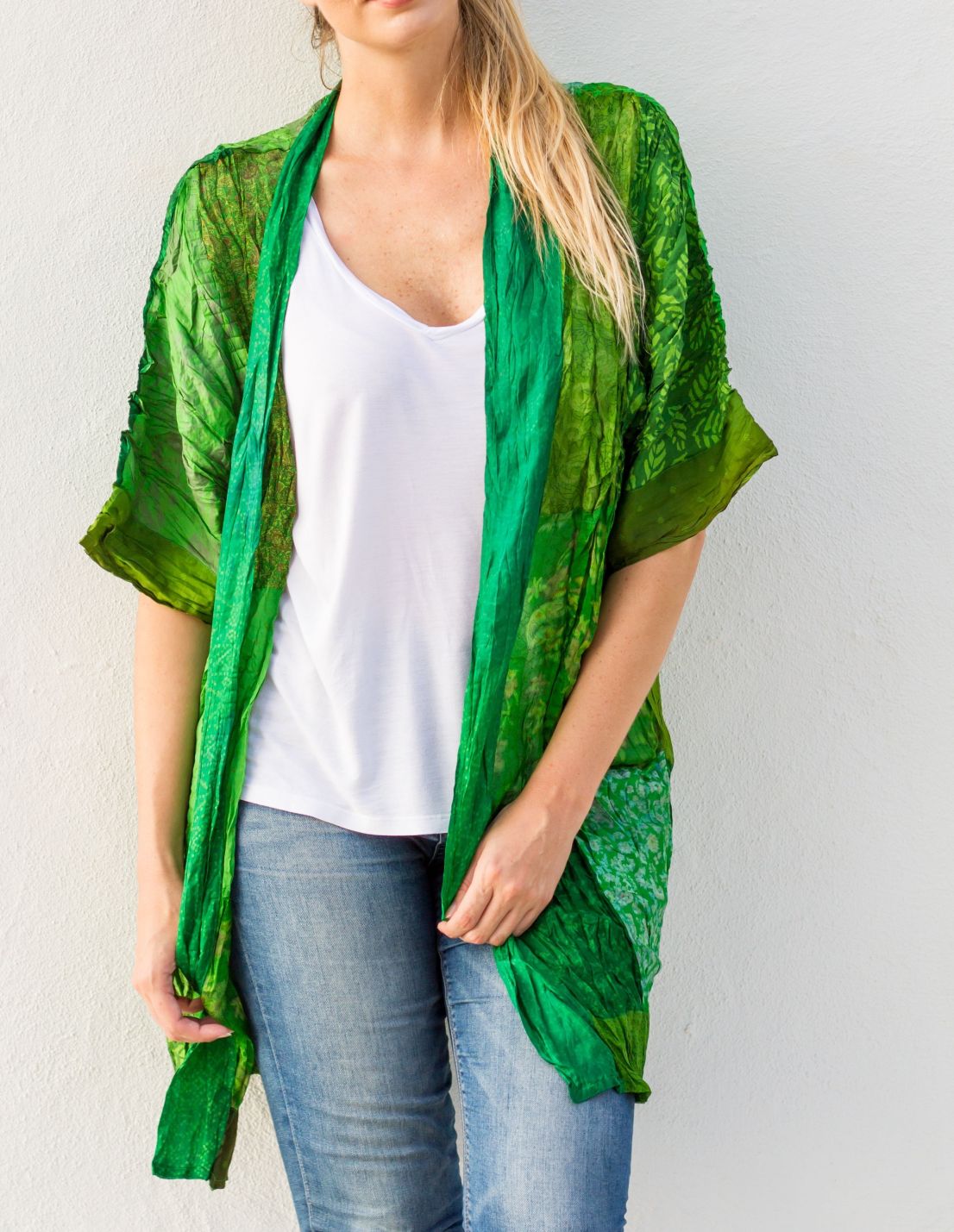 Sea Green Multi Vintage Silk Crinkled Kimono-Long